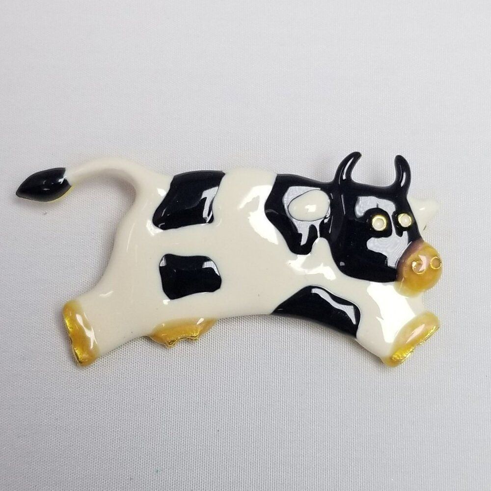 Vintage Cow Brooch, Leaping Black and White Spotted Enamel Lapel Pin, Estate - Picture 6 of 7
